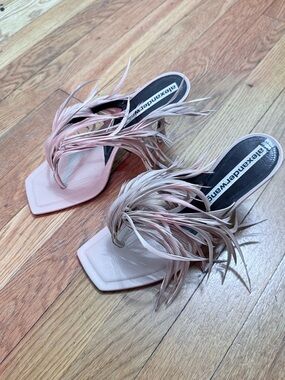 Alexander Wang Ivy Feather Sandal Nude Pink Square-Toe Mules Heels Size 39